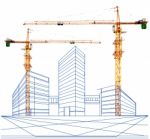 Crane Construction And Perspective Drawing Of Modern Building Stock Photo