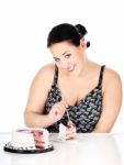 Slice Of Cake And Chubby Woman Stock Photo