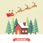 Santa Claus And His Reindeer Sleigh With Winter House In Flat St Stock Photo