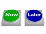 Now Later Buttons Shows Urgency Or Delay Stock Photo
