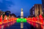 Seoul, South Korea - April 30, 2016:beautifully Color Water Fountain At Gwanghwamun Plaza With The Statue Of The Admiral Yi Sun-sin In Downtown.photo Taken On April 30,2016 In Seoul,south Korea Stock Photo