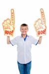 Young Boy Wearing Foam Hand Stock Photo