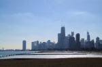 Chicago Skyline In Winter, Frozen Lake Michigan Stock Photo
