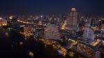 Aerial Night Scene Of Bangkok Sky Scraper Beside Chaopraya River Thailand Capital Stock Photo