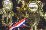 Trophies Background With Read White And Blue Stripped Ribbon Stock Photo