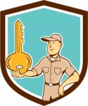 Locksmith Balancing Key Palm Shield Cartoon Stock Photo