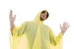 Man Wearing Raincoat And Looking Upward Stock Photo