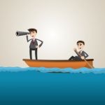 Cartoon Businessman Paddling On Sea With Teammate Scouting Stock Photo