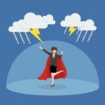 Business Woman Superhero With Barrier Protecting From Thunderstorm Stock Photo