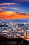 View Of Downtown Cityscape And Seoul Tower In Seoul, South Korea Stock Photo