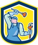 Plumber Wielding Plunger Wrench Shield Cartoon Stock Photo