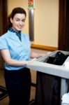 Female Attendant Posing With Cart Stock Photo