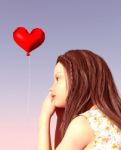 Lonely Girl Looking At Red Heart Balloon,3d Illustration Stock Photo