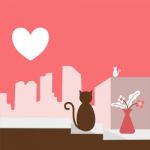 Illustration Of Two Cats In City With Heart Shape Moon - Stock Photo