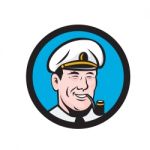 Smiling Sea Captain Smoking Pipe Circle Retro Stock Photo