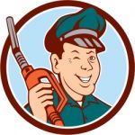 Gas Attendant Nozzle Winking Circle Cartoon Stock Photo