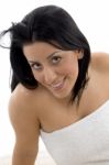 Top View Of Smiling Woman In Towel Stock Photo