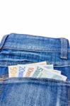 Various Euro Notes In Jeans Back Pocket Stock Photo