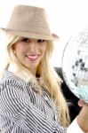 Businesswoman Holding Disco Ball Stock Photo