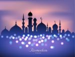 Mosque Silhouette In Sunset Sky And Candles Light For Ramadan Of Stock Photo