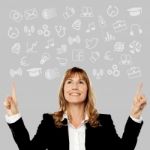 Middle Aged Woman Pointing Media Icons Stock Photo