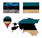 Estonia Flag, Map And Map Pointers Stock Photo