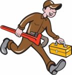 Plumber Carrying Monkey Wrench Toolbox Cartoon Stock Photo