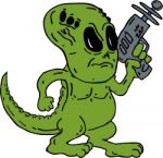 Alien Dinosaur Holding Ray Gun Cartoon Stock Photo
