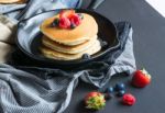 Pancakes With Blueberries  & Raspberry On Wood Background Stock Photo