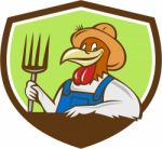 Chicken Farmer Pitchfork Crest Cartoon Stock Photo