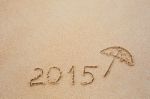 Inscription Of The Year 2015 Written In The Wet Yellow Beach San Stock Photo