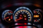 Modern Car Instrument Dashboard Panel In Night Time Stock Photo