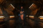 3d Illustration Of  Woman With Chainsaw In Scifi Corridor Stock Photo