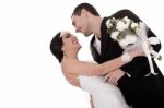 Bride And Groom Just Married Posing Happily Stock Photo
