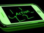 Action On Smartphone Shows Proactive Motivation Stock Photo