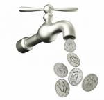 Dripping Tap With Silver Coins. Welth Concept Stock Photo