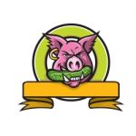 Wild Boar Biting Gherkin Circle Mascot Stock Photo