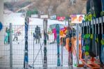 Rental Equipment For Skiers At Vivaldi Park Ski Resort Stock Photo