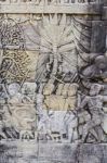 Historic Khmer Bas-relief Showing Hindu Legend Scenes At Bayon T Stock Photo