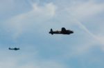 Avro Lancaster And Spitfire Mk1 At Airbourne Stock Photo