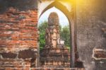 Old Ancient Pagoda In Lopburi Thailand, With Old Exterior Brick Wall Background Vintage Style Grung Texture Stock Photo