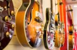 Beautiful Sunburst Electric Guitar In The Shop Stock Photo