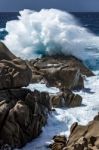 Waves Pounding The Coastline At Capo Testa Sardinia Stock Photo