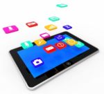 Social Media Tablet Indicates Application Software And Communication Stock Photo