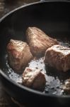 Fried Angus Beef In The Hot Pan Vertical Stock Photo