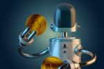 Robot Hold Bitcoin Coins. 3d Illustration. Isolated. Contains Clipping Path Stock Photo