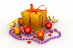 Christmas Gift Box With Shiny Balls Stock Photo