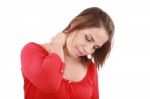 Sick Young Woman. Neck Pain Stock Photo
