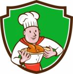 Chef Cook Roast Chicken Dish Crest Cartoon Stock Photo