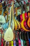 Istanbul, Turkey - May 25 : Guitars And Other Musical Instruments For Sale In The Grand Bazaar In Istanbul Turkey On May 25, 2018 Stock Photo